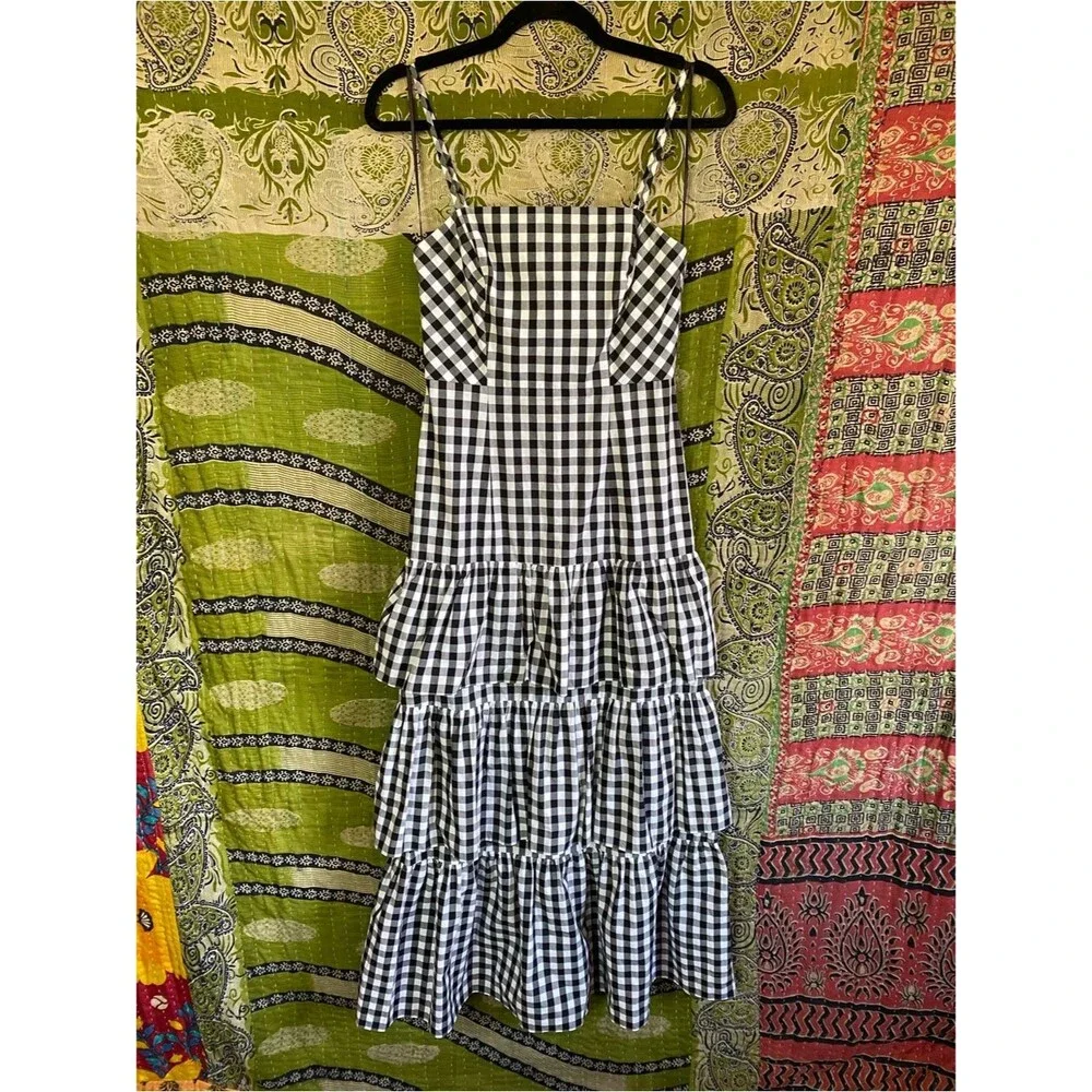 J. Crew Black/ White Gingham Tiered Poplin Coastal Maxi Farmhouse Dress Size 00
